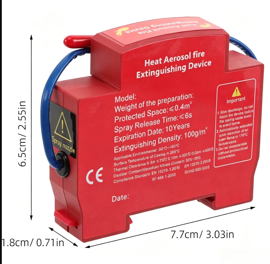 Aerosol Fire Extinguishing Device - dimensions 7.7x6.5x1.8cm