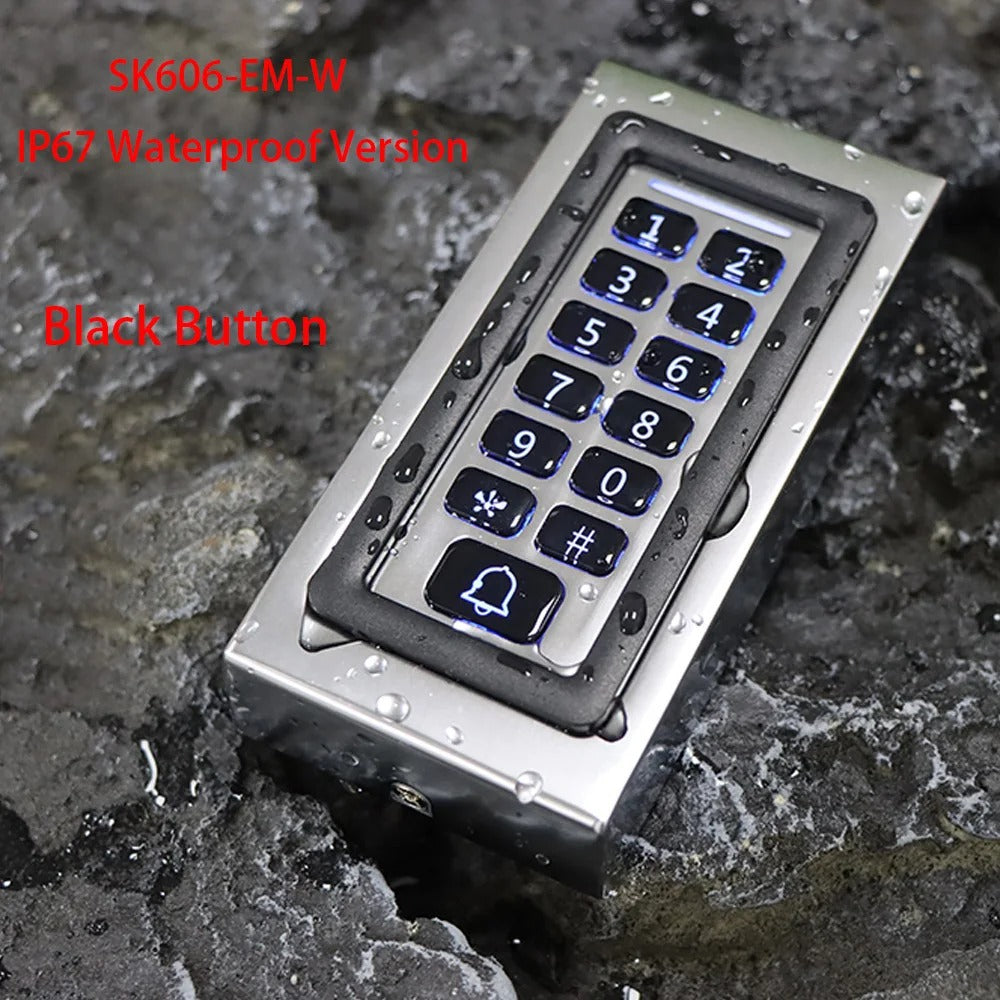 A waterproof keypad entry device with a silver metal housing, black buttons, and blue backlighting, shown on wet dark rocks. Red text in the upper left reads 'SK606-EM-W IP67 Waterproof Version' and 'Black Button'.